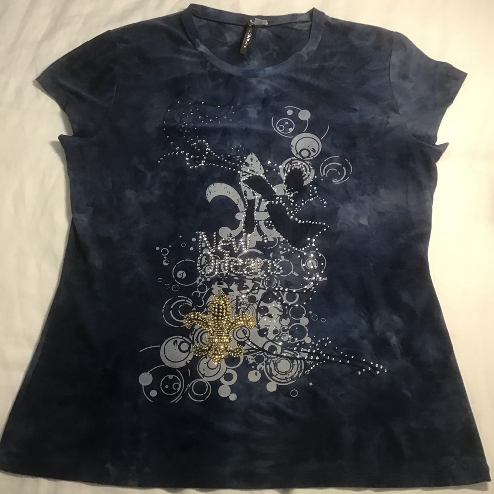 Lady Noir Blue Tie Dyed Sparkle Embellishment New Orleans Short Sleeve Tee, XL